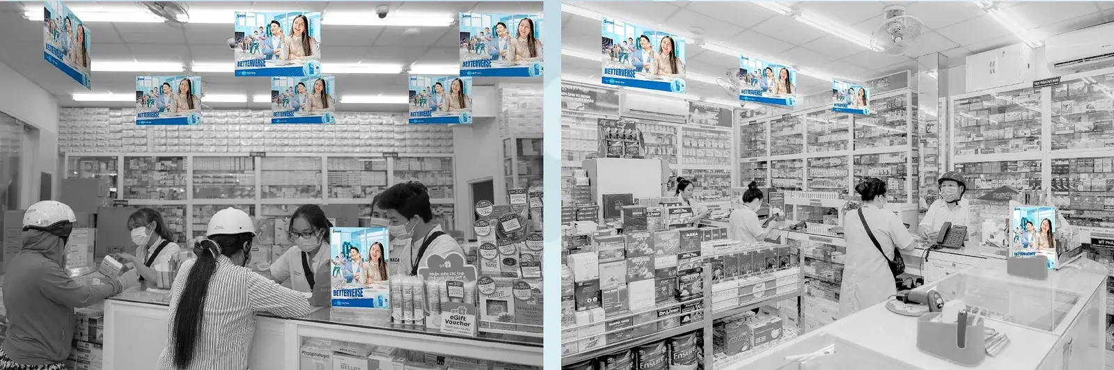 Pharmacy aisle with campaign hangers running along the shelf edge