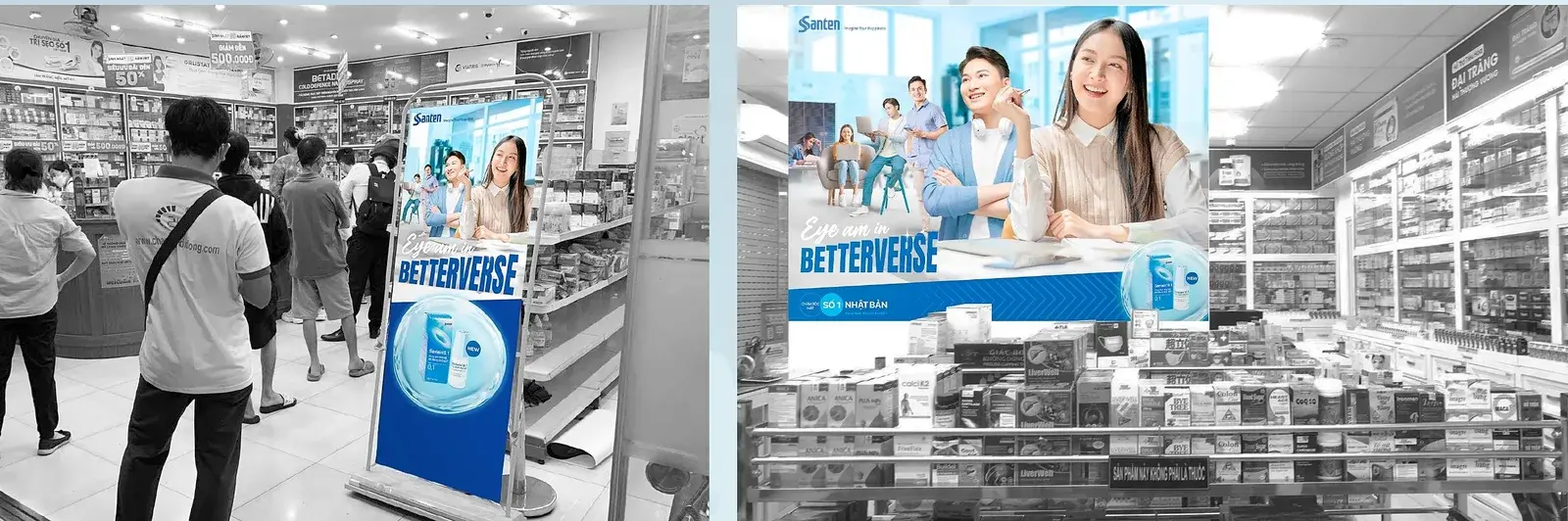 A campaign standee beside the shelf in a pharmacy