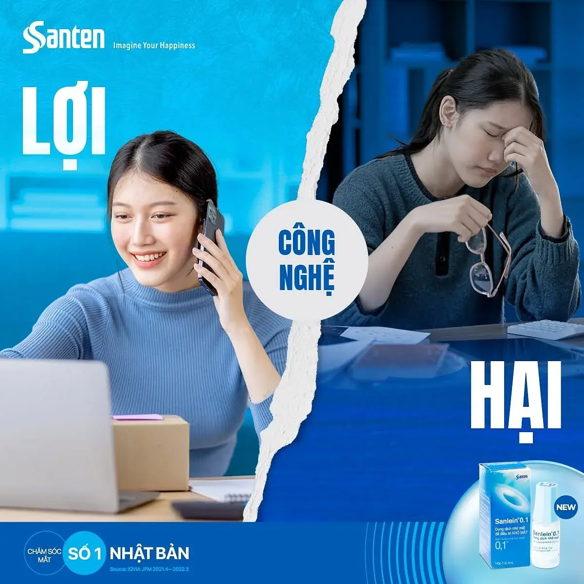 Published post — technology benefit and harm, split layout in blue