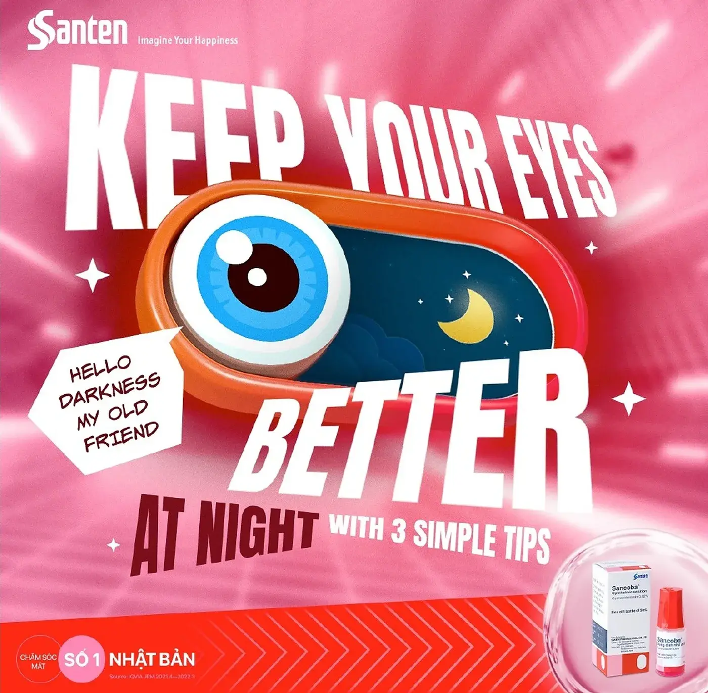 Post concept — Keep Your Eyes Better at Night, illustrated eye on magenta
