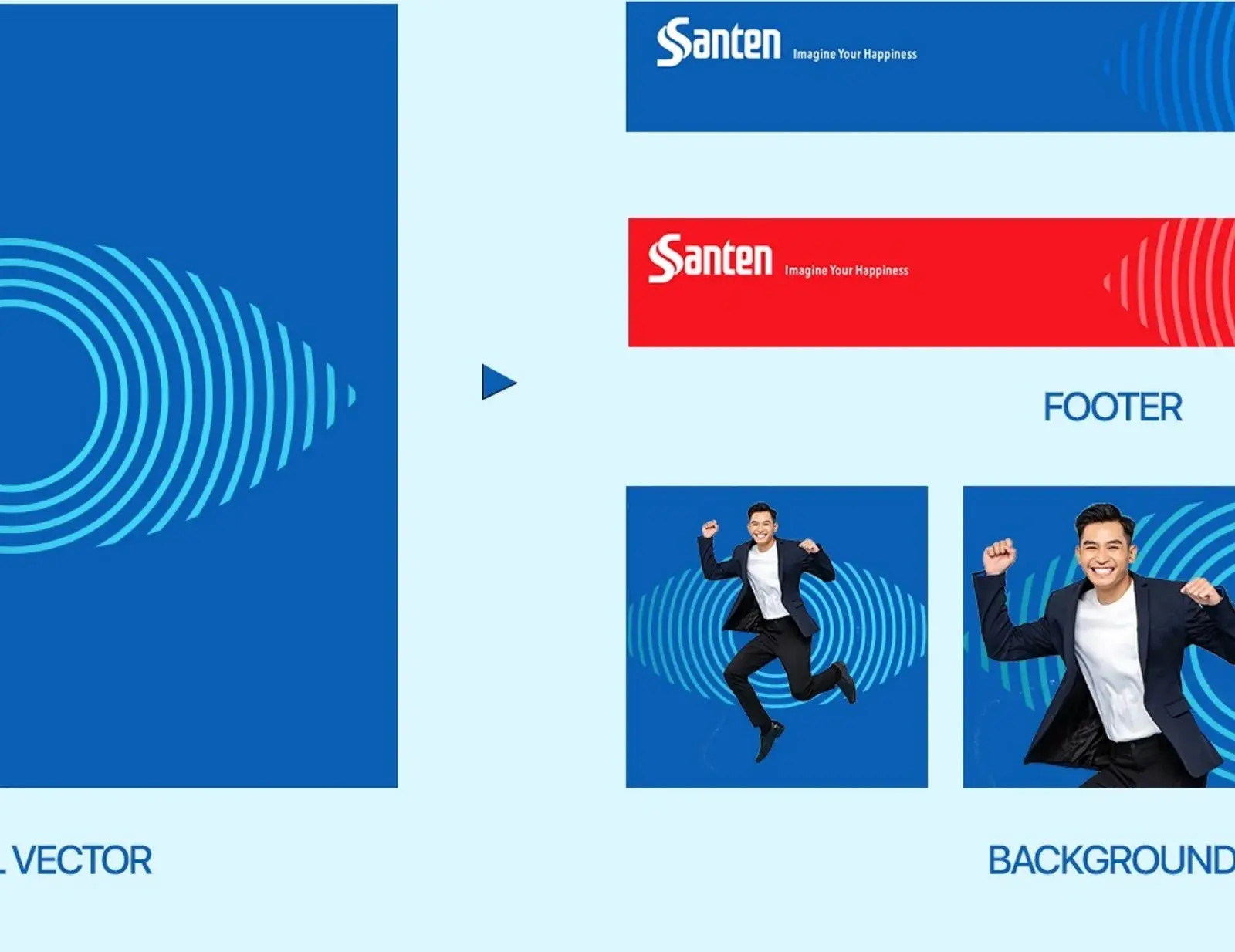 The device in application — used as header, footer and background mask across layouts