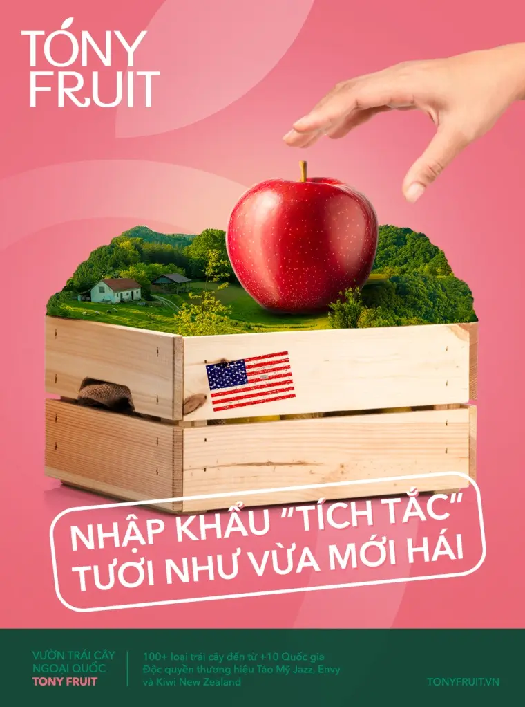 Route 02 poster — an apple crate on pink with the import line beneath