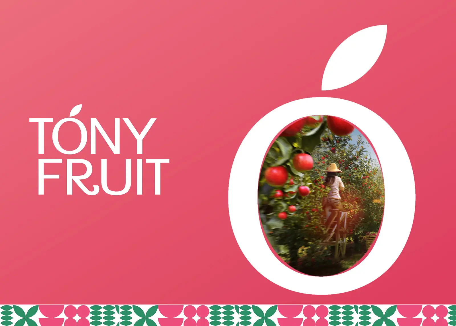 The Tóny Fruit key visual — the Ó of the wordmark opened as a window onto an orchard path