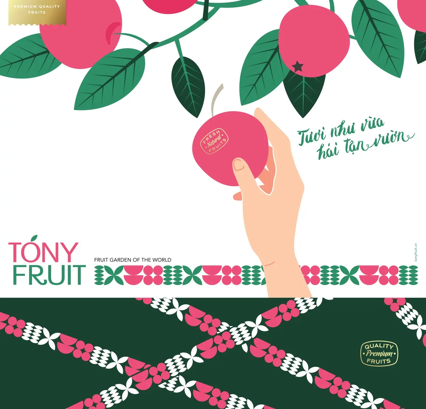 The gift box lid artwork — hand, branch pattern and wordmark on white