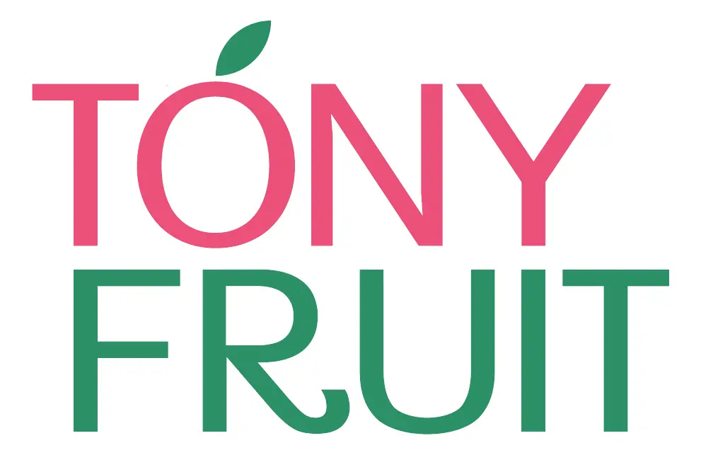The Tóny Fruit wordmark — TÓNY in pink above FRUIT in green, the accent on the Ó carrying a leaf