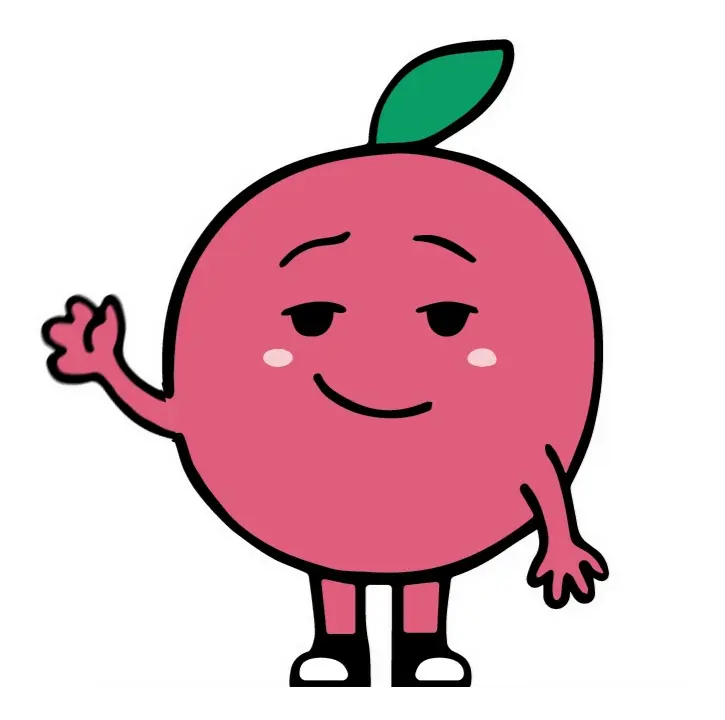 The Tóny apple mascot — a round pink apple with arms, legs and a leaf