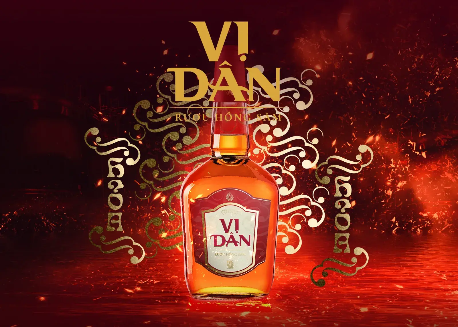 The Vị Dân bottle against flames with gold cloud pattern behind it