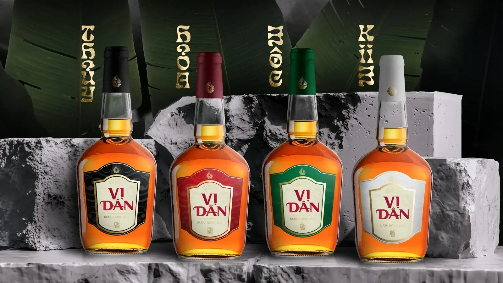 The four bottles standing together, one per element