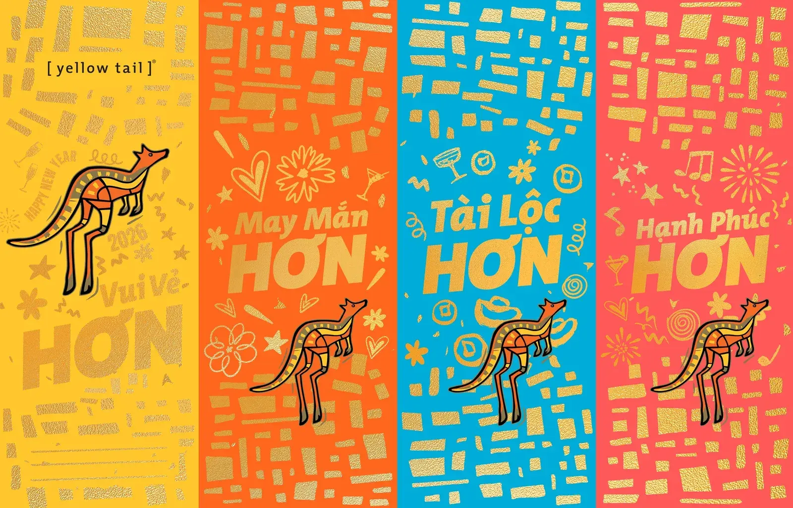Route 01-A flat artwork — the ’Roo inside a collage of shimmering gold pattern