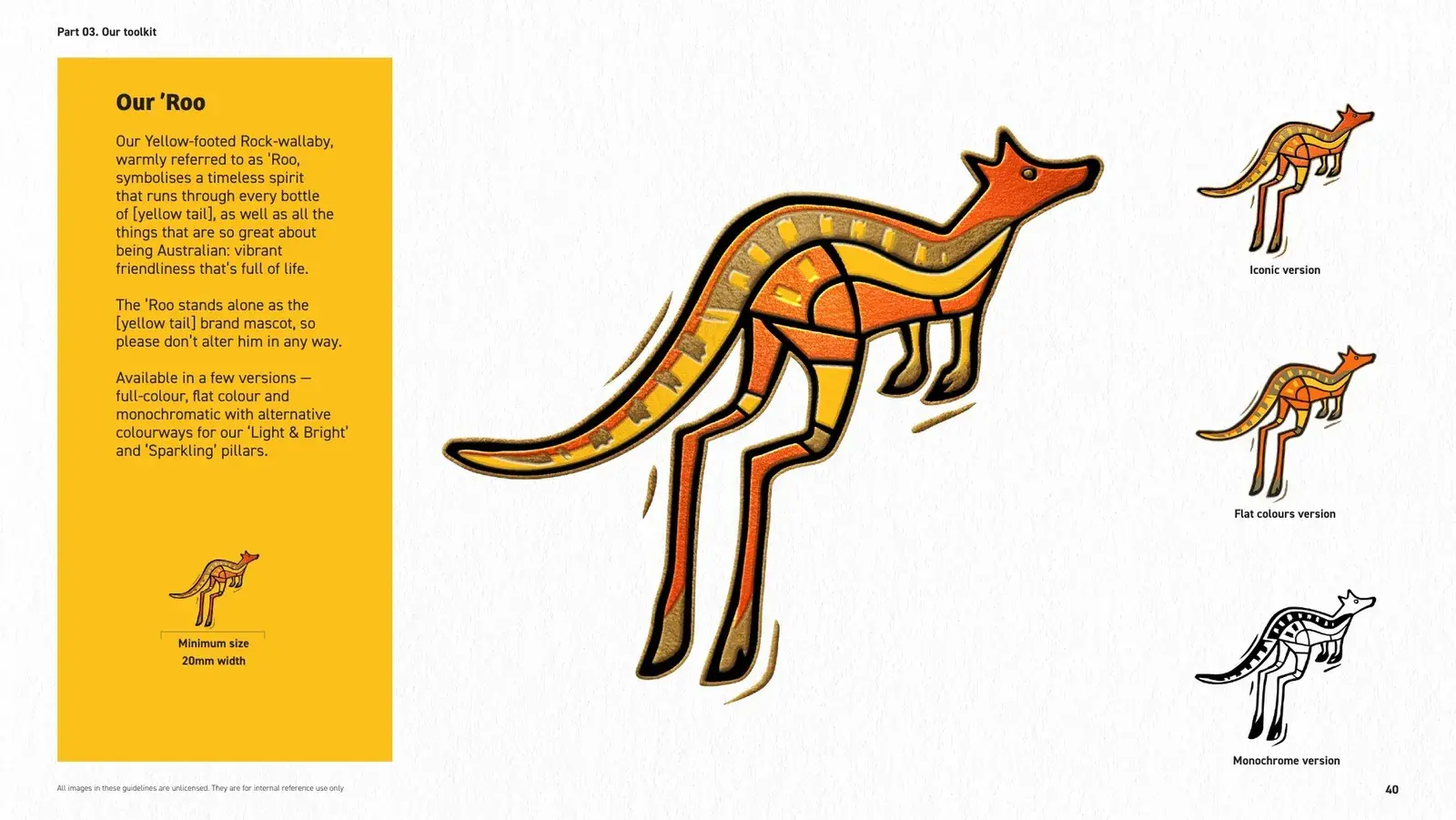 Brand book spread — Our ’Roo, the mascot and its rules